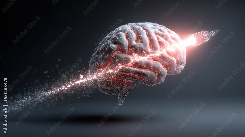 Poster digital visualization of a brain with a spear of light, representing creativity and intellect in a m