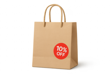 Brown paper shopping bag with 10 percent off discount sticker on transparent background