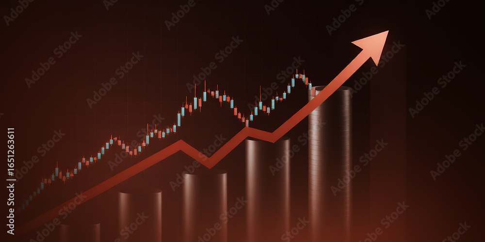 Poster a red arrow pointing upwards over a candlestick chart and bar graph on a dark background