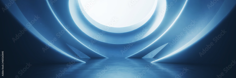 Poster a futuristic scene with circular blue light patterns and reflections on a smooth surface area