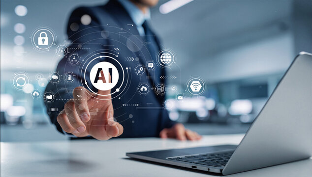 ビジネスマンがタッチパネルを指でタッチするポーズ、生成AIを活用したデジタルワークフロー、Businessman using touch screen with AI powered digital workflow