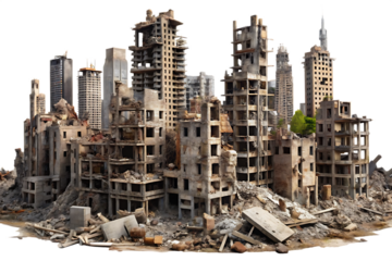 a destroyed city with a isolated on white background ,PNG.AI Generated.
