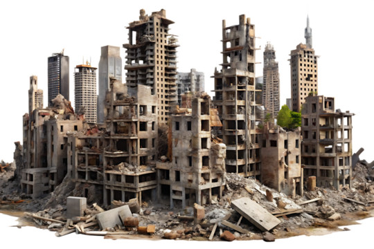 a destroyed city with a isolated on white background ,PNG.AI Generated.