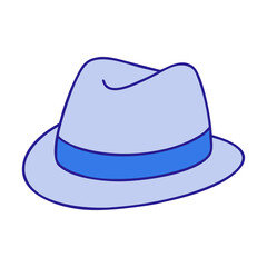 Illustration of a light blue fedora hat with a blue band, vintage fashion headwear accessory icon