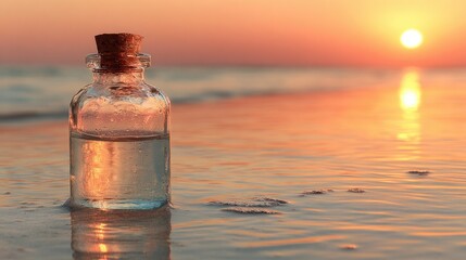 Small glass bottle on beach at sunset