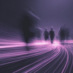 Blurred figures walking on a path of light