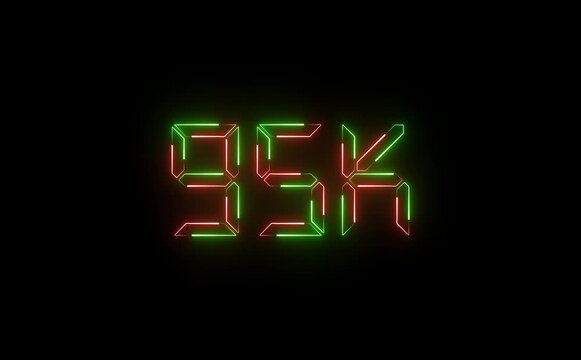 A radiant neon "95K" icon pulses in electric pink and blue, shimmering with retro 80s flair, featuring subtle zoom, flicker, and glowing light trail effects.

