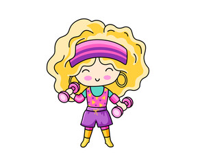 Cute girl in retro aerobics outfit with dumbbell.  Fitness cartoon character. Isolated vector illustration.