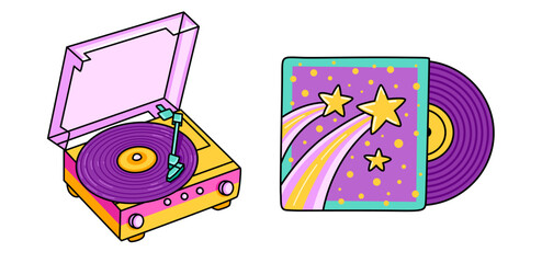 Vinyl record player, turntable. Retro music audio device. Cartoon icon. Isolated vector illustration.
