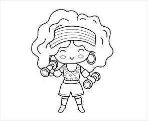 Cute girl in retro aerobics outfit with dumbbell.  Fitness cartoon character. Outline contour isolated vector illustration.