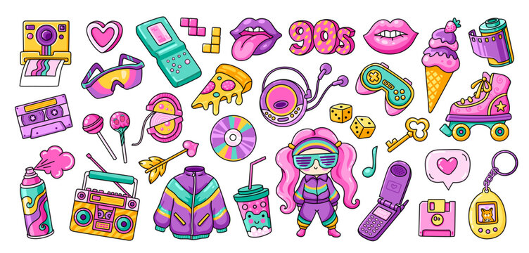 Set of cute retro colorful stickers. Fashion, music, game, tech, lifestyle. 90s style cartoon collection. Patch, badge, icon. Vector illustrations.