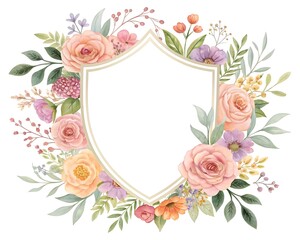 Fototapeta premium Elegant watercolor floral crest frame with delicate pastel roses and greenery for wedding invitations and branding