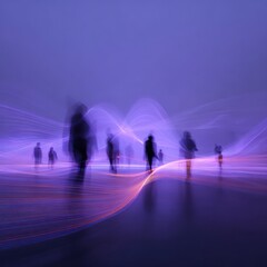 Silhouetted figures move through a vibrant, light-streaked landscape at twilight