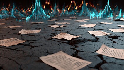 Dried-up documents amidst cracked earth, overlaid with digital graphs