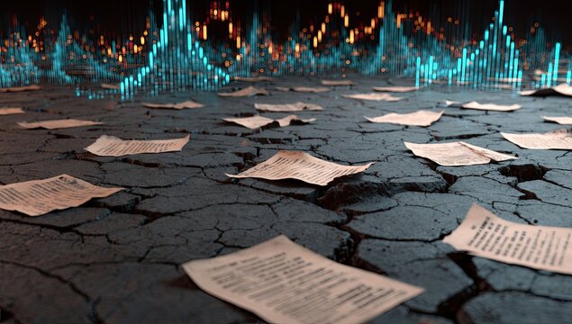 Dried-up documents amidst cracked earth, overlaid with digital graphs