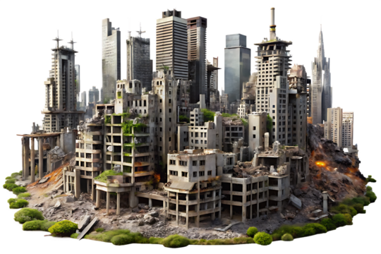 a destroyed city with a isolated on white background ,PNG.AI Generated.