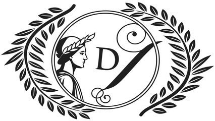 Illustration of a woman with laurel wreath in a circle with the letter d and laurel branches framing it all