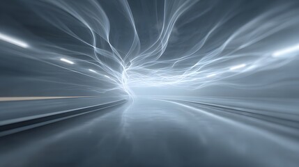 blurred image of a futuristic brain wellness pod interior with holographic waves flowing across walls