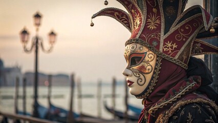 Venetian carnival mask costume near gondolas at sunset. Person wearing elaborate Venetian carnival mask and jester costume stands by gondolas at sunset in romantic Venice, Italy