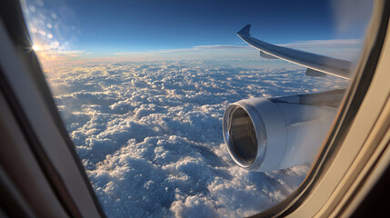 Airplane Window View: Serene Sunrise Above Cumulus Cloudscape, Jet Engine Visible