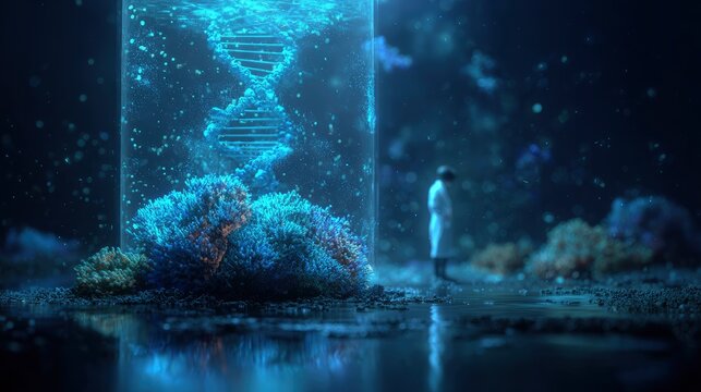 Bioluminescent coral encasing cylindrical gene bank, holographic DNA helix floating in abyssal blue, scientists editing fluorescent anti-cancer algae via AR interface