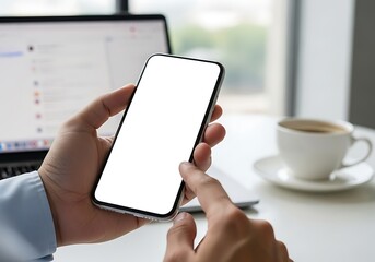 Man's hands holding modern smartphone with blank screen next to coffee and laptop in bright office