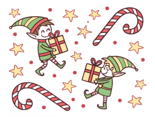 Two cheerful christmas elves carrying gifts surrounded by candy canes and stars
