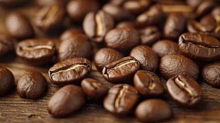 Naklejka premium Close-up: Various coffee beans scattered on a rustic wooden table, aroma, warmth