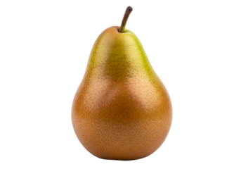 A single, ripe pear, displaying rich golden tones and subtle green highlights, is presented against a pure black background.