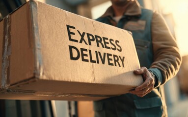 Delivery worker carrying an express package outside in the afternoon light