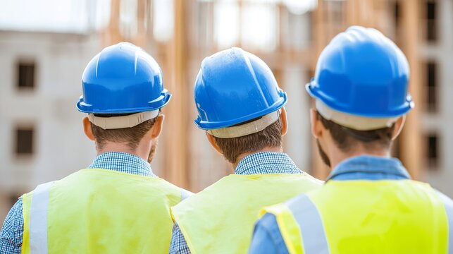 Construction workers on a building site, wearing hard hats, looking at blueprints, teamwork, development