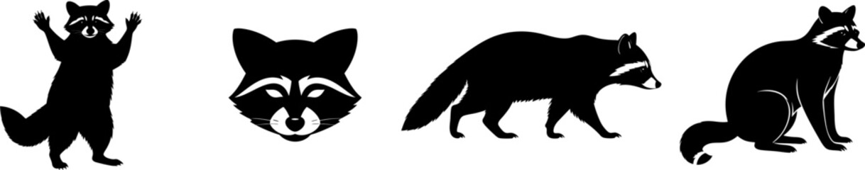 Obraz premium Silhouette of woodland animals collection. Four stylized raccoons in black silhouette, showcasing different poses and expressions, ideal for graphic design or wildlife illustrations.