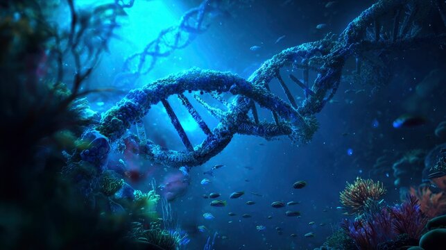 Bioluminescent coral encasing cylindrical gene bank, holographic DNA helix floating in abyssal blue, scientists editing fluorescent anti-cancer algae via AR interface