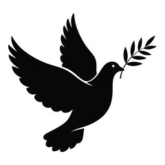 Fototapeta premium Black Silhouette of a Dove Flying with Olive Branch Symbolizing Peace and Hope for the Future