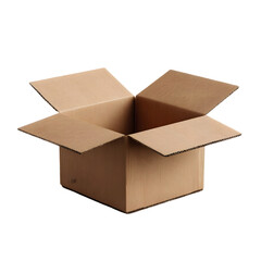 Open Cardboard Box: A detailed, eye-level shot of an empty cardboard box, showcasing its unfolded flaps and the texture of the brown corrugated cardboard. Perfect for representing packaging, delivery.