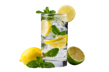 Refreshing Citrus Elixir: A tantalizing close-up showcases a chilled glass of invigorating citrus water, a symphony of sliced lemons, vibrant mint, and ice, a refreshing and healthy beverage.