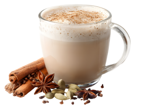 Spiced Chai Latte: A steaming mug of spiced chai latte, crowned with frothy milk and a sprinkle of cinnamon, accompanied by an aromatic array of whole spices like cinnamon sticks, cardamom.
