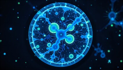 An intricate network of glowing microorganisms in a dark space