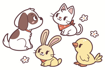 Cute cartoon dog cat bunny and chick with flowers