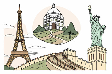 Famous landmarks collage eiffel tower statue of liberty great wall and sacre coeur