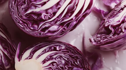 Fototapeta premium Close-up of fresh purple cabbage slices showcasing vibrant layered leaves and detailed texture