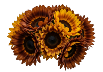 A close-up bouquet of sunflowers in warm, autumnal tones, arranged against a striking black background, showcasing intricate details in the petals and centers.