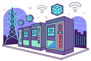 Fototapeta premium Modern data center with servers and communication tower representing network connectivity