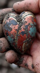 A heart-shaped object, covered in dirt, held in a hand