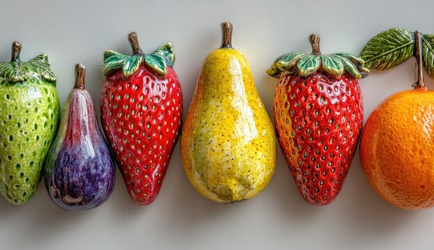 Row of ceramic fruit, detailed in vibrant colors - Powered by Adobe