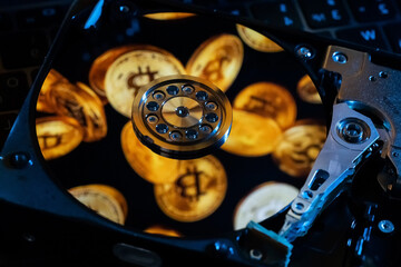 A hard drive decorated with gold bitcoin symbols