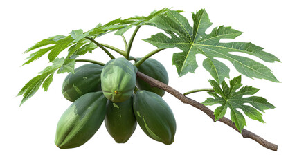 Fresh green papayas on a branch with vibrant leaves.