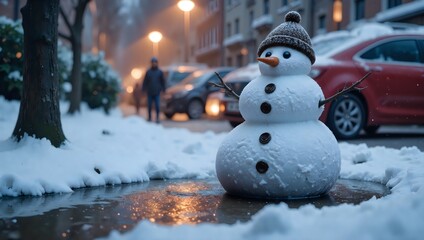 Obraz premium Charming snowman amidst a snowy urban landscape