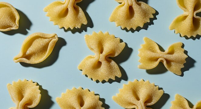 Farfalloni Pasta Pattern High-Angle Close-Up of Italian Butterfly Pasta on Light Blue Background