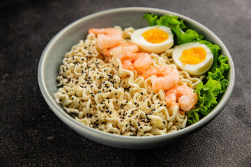 Noodles  shrimp and vegetables tasty seafood snack fresh delicious gourmet food background on the table rustic food top view copy space vegetarian food